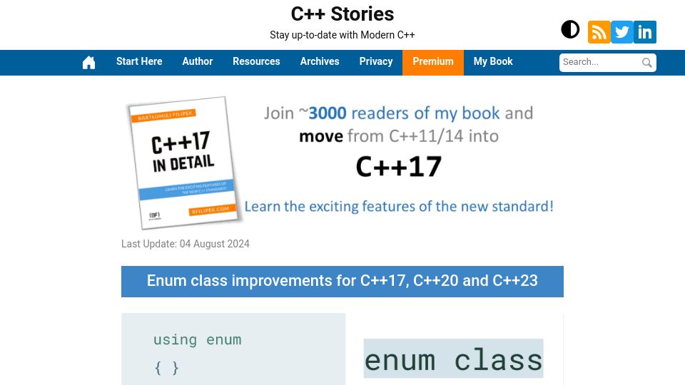 Screenshot of cppstories.com: Enum class improvements for C++17, C++20 and C++23