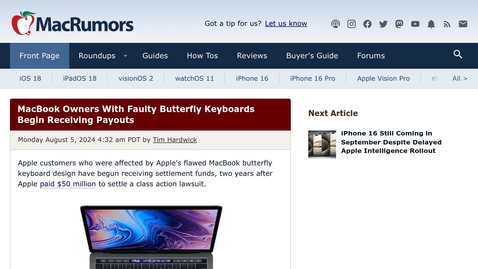 Screenshot of macrumors.com: MacBook Owners with Faulty Butterfly Keyboards Begin Receiving Payouts
