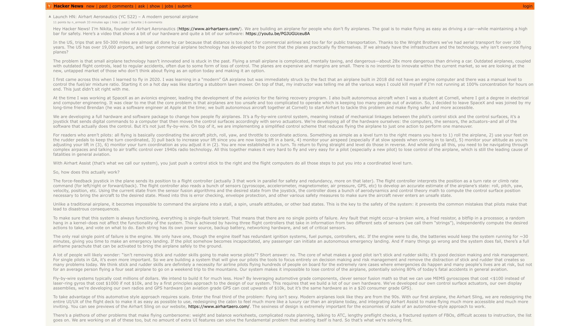 Screenshot of this Hacker News post: Launch HN: Airhart Aeronautics (YC S22) – A modern personal airplane