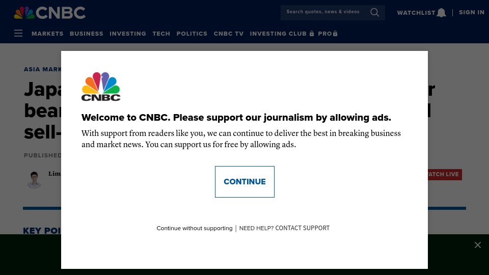 Screenshot of cnbc.com: Japan stocks plunge as much as 7% as Asia shares extend sell-off