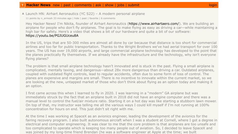 Screenshot of Hacker News post: Launch HN: Airhart Aeronautics (YC S22) – A modern personal airplane
