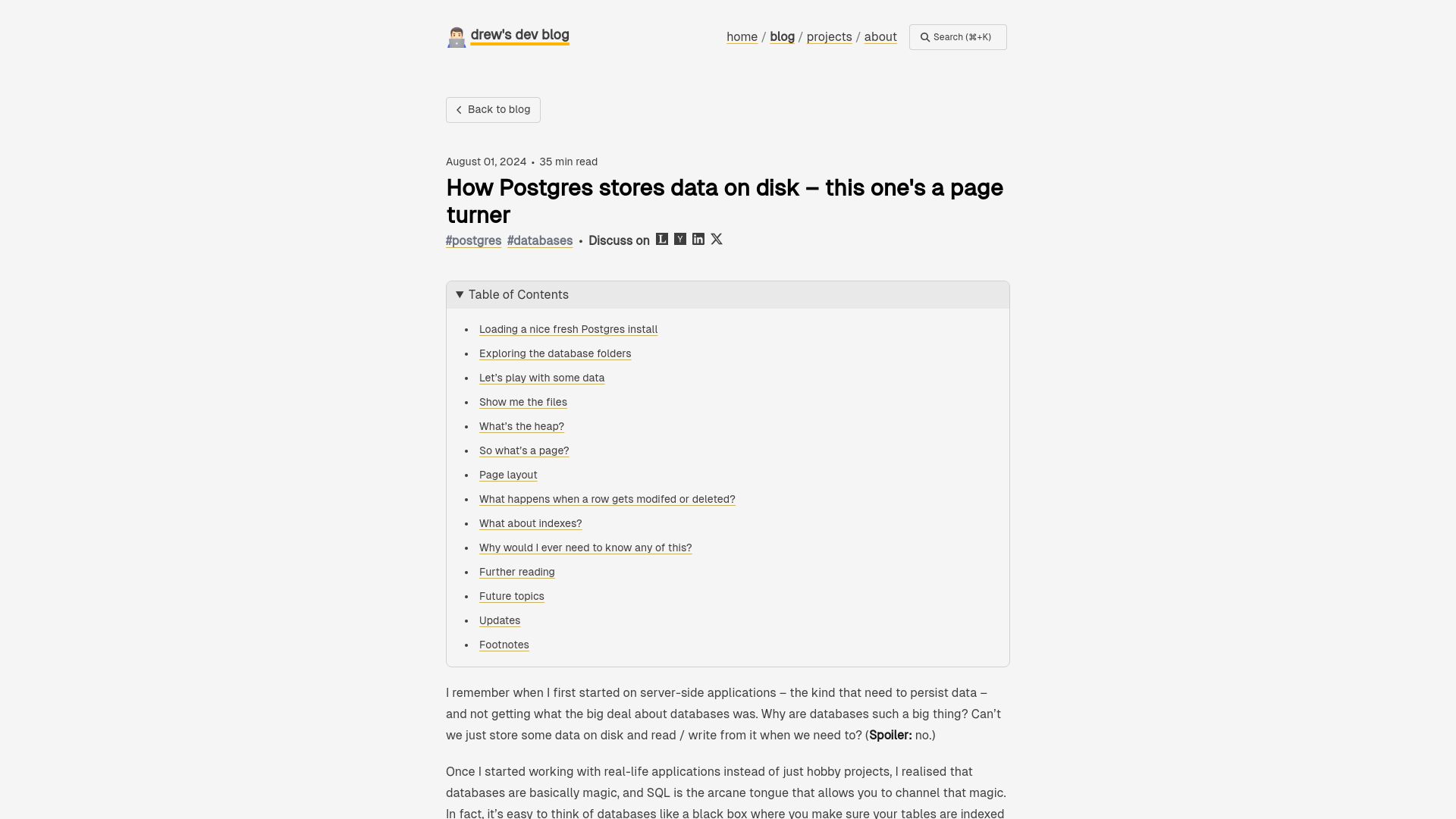 Screenshot of drew.silcock.dev: How Postgres stores data on disk – this one's a page turner