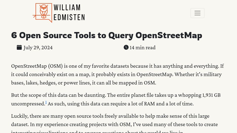 Screenshot of wcedmisten.fyi: Open source tools to query OpenStreetMap