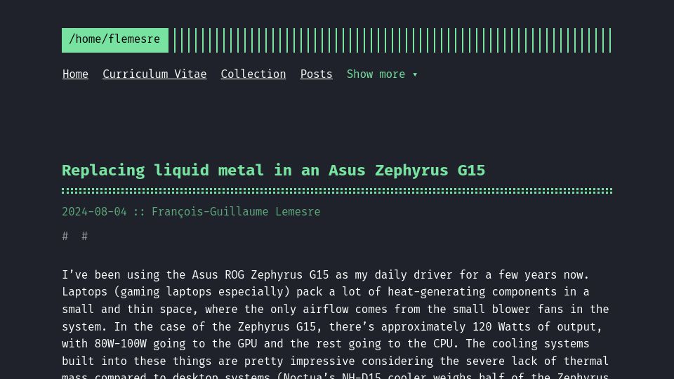 Screenshot of flemesre.github.io: Replacing Liquid Metal on an Asus Zephyrus G15's CPU