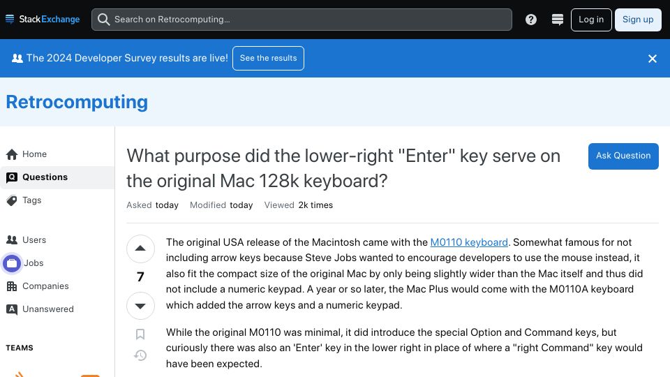 Screenshot of retrocomputing.stackexchange.com: What purpose did the lower-right Enter key serve on original Mac 128k keyboard?