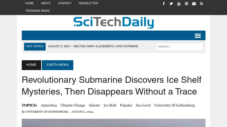 Screenshot of scitechdaily.com: Unmanned submarine discovers ice shelf mysteries, then disappears