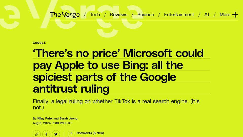 Screenshot of theverge.com: No price Microsoft could pay Apple to use Bing: Google antitrust ruling excerpts