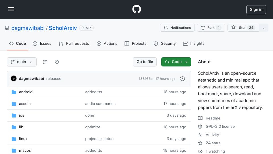Screenshot of github.com: Show HN: ScholArxiv – an open-source, aesthetic, minimal research paper explorer