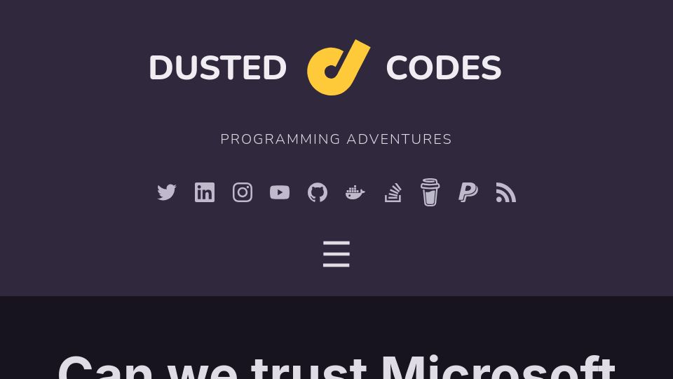 Screenshot of dusted.codes: Can we trust Microsoft with Open Source? (2021)