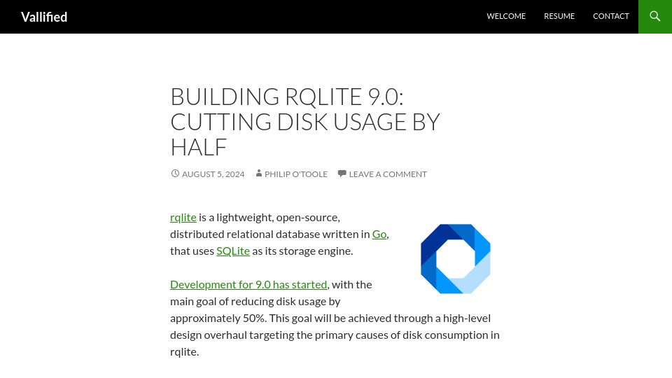 Screenshot of philipotoole.com: Building rqlite 9.0: Cutting disk usage by half