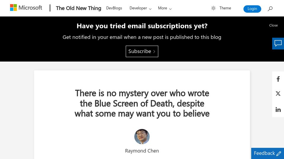 Screenshot of devblogs.microsoft.com: Who Wrote the Blue Screens of Death