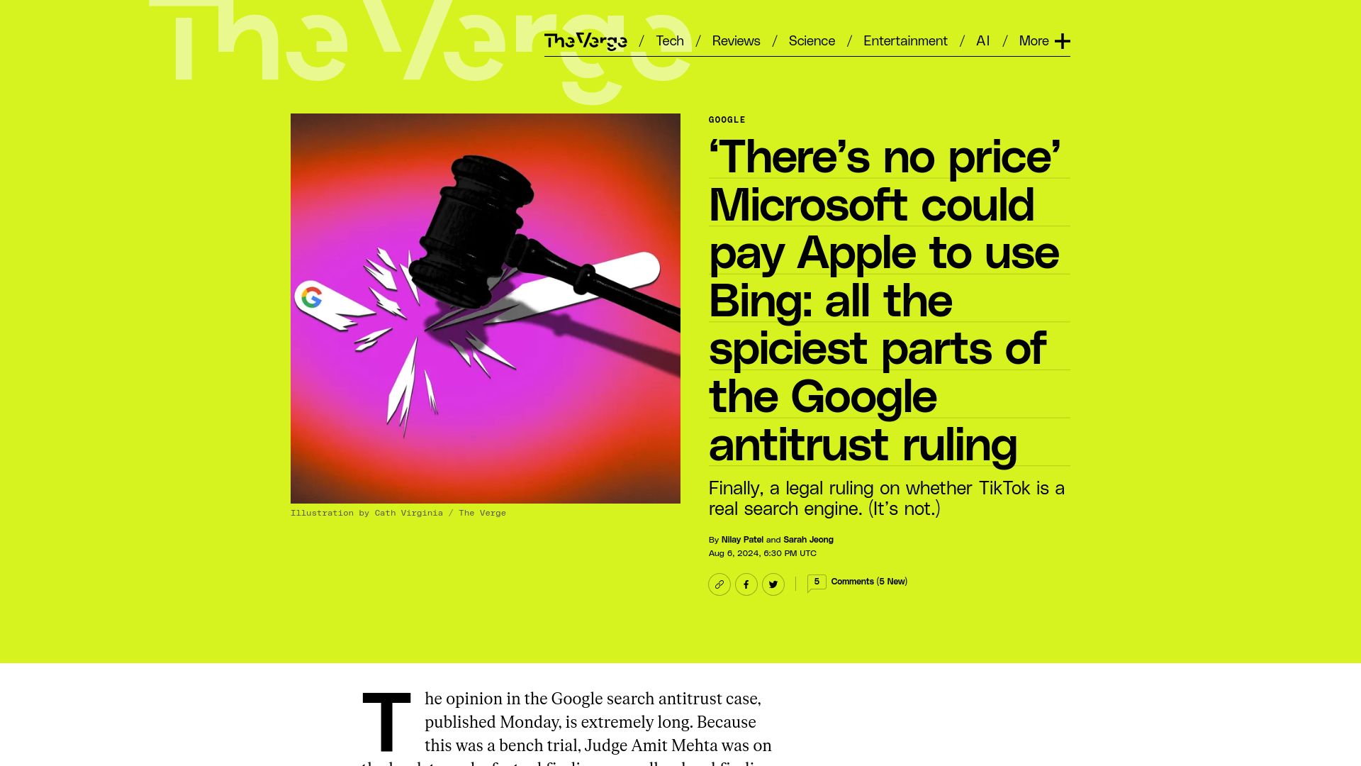 Screenshot of theverge.com: No price Microsoft could pay Apple to use Bing: Google antitrust ruling excerpts