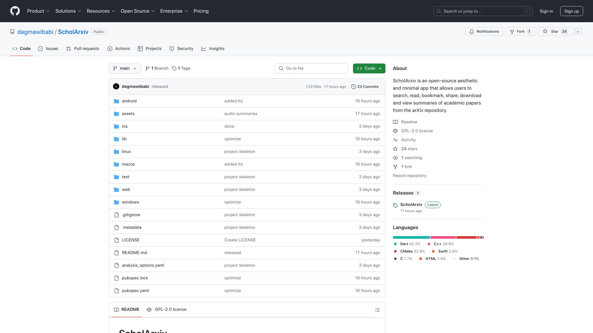 Screenshot of github.com: Show HN: ScholArxiv – an open-source, aesthetic, minimal research paper explorer