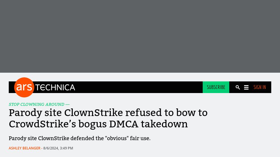 Screenshot of arstechnica.com: Parody site ClownStrike refused to bow to CrowdStrike's bogus DMCA takedown