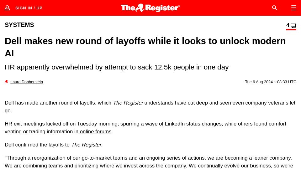 Screenshot of theregister.com: Dell lays off 12,500 people