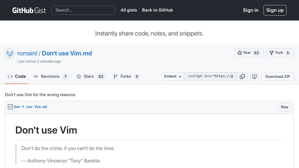 Screenshot of gist.github.com: Don't use Vim for the wrong reasons (2020)