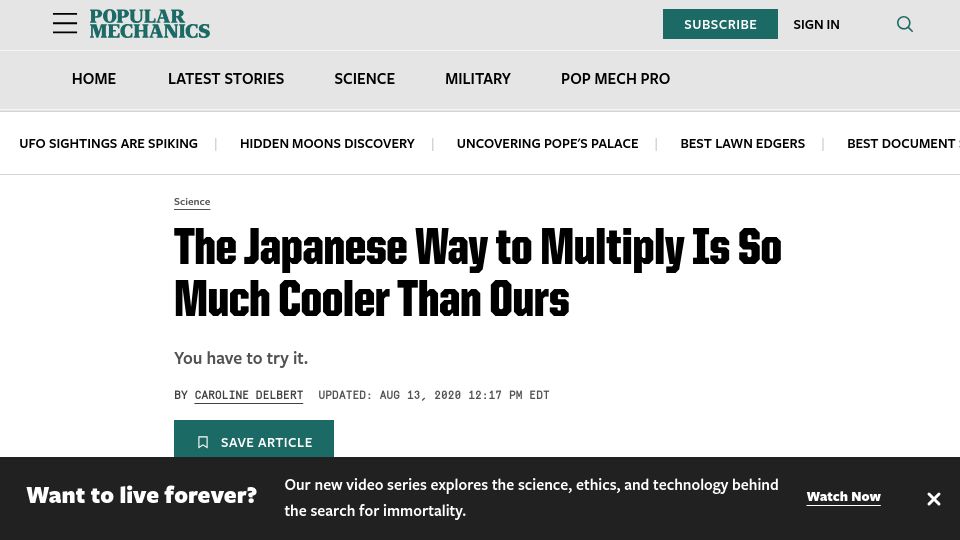Screenshot of popularmechanics.com: Japanese multiplication method and other ways to multiply (2020)