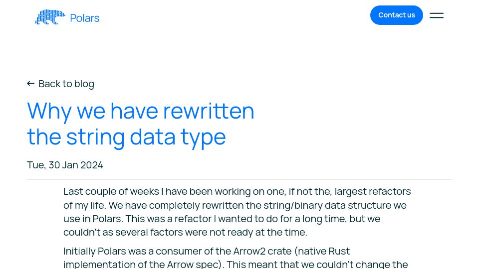 Screenshot of pola.rs: Why Polars rewrote its Arrow string data type
