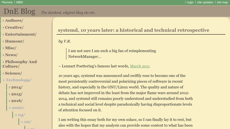 Screenshot of blog.darknedgy.net: Systemd, 10 years later: a historical and technical retrospective (2020)