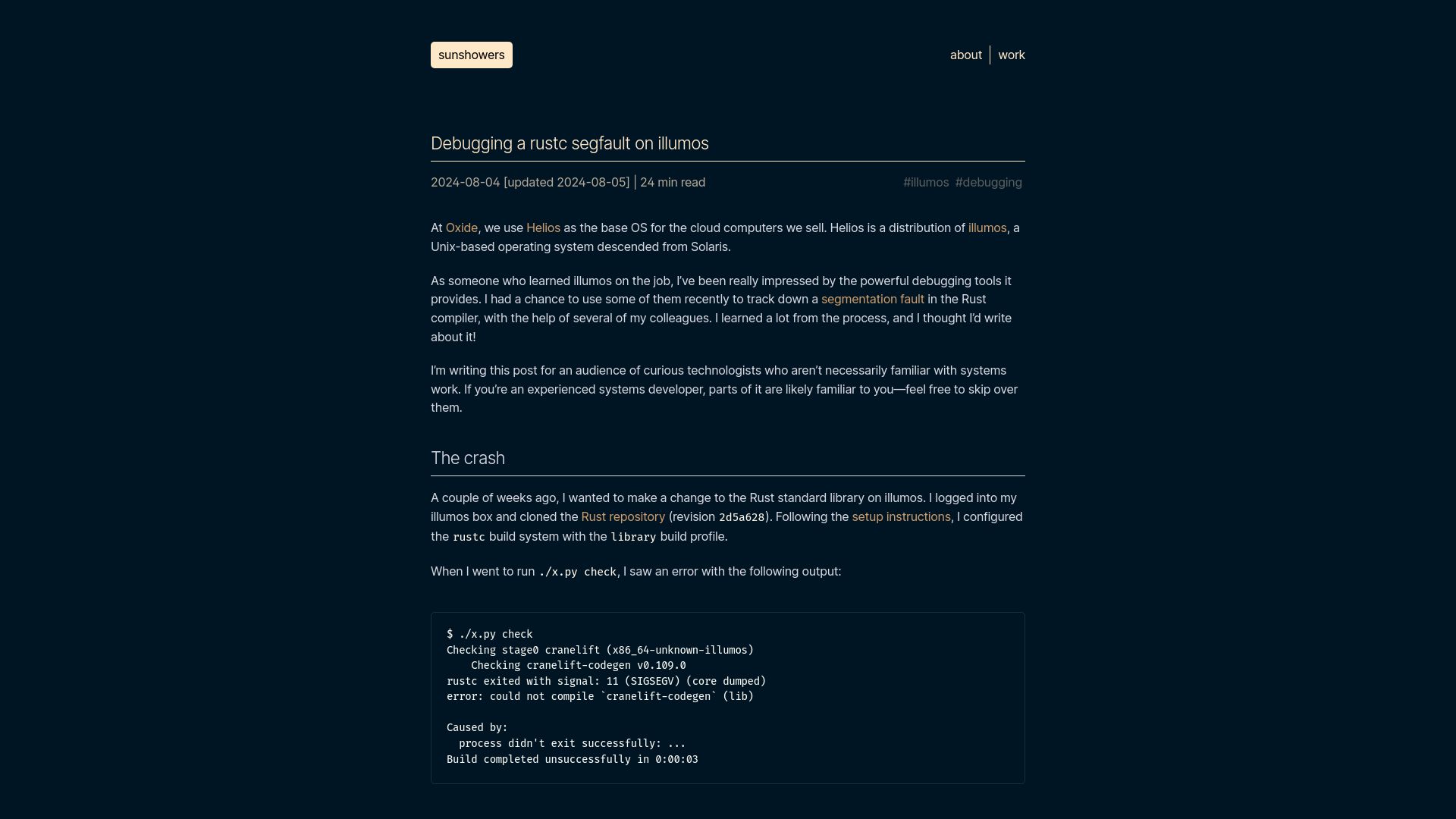 Screenshot of sunshowers.io: Debugging a rustc segfault on Illumos