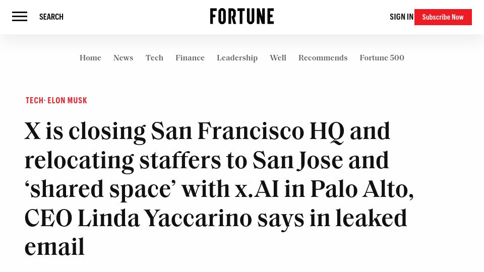 Screenshot of fortune.com: X is closing San Francisco HQ and relocating staffers to San Jose