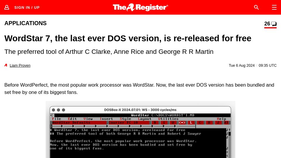 Screenshot of theregister.com: WordStar 7, the last ever DOS version, is re-released for free