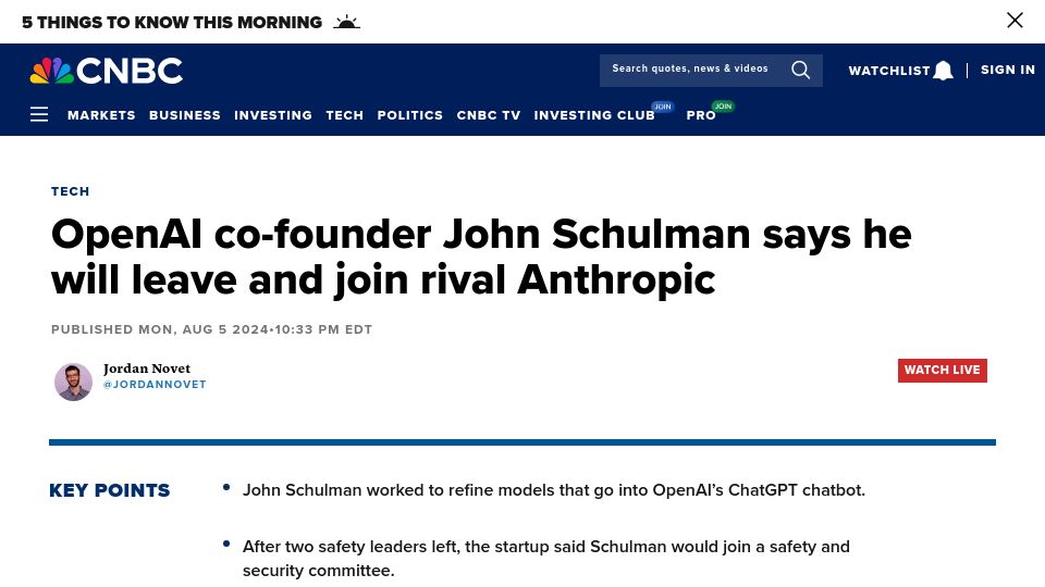 Screenshot of cnbc.com: OpenAI co-founder John Schulman says he will leave and join rival Anthropic