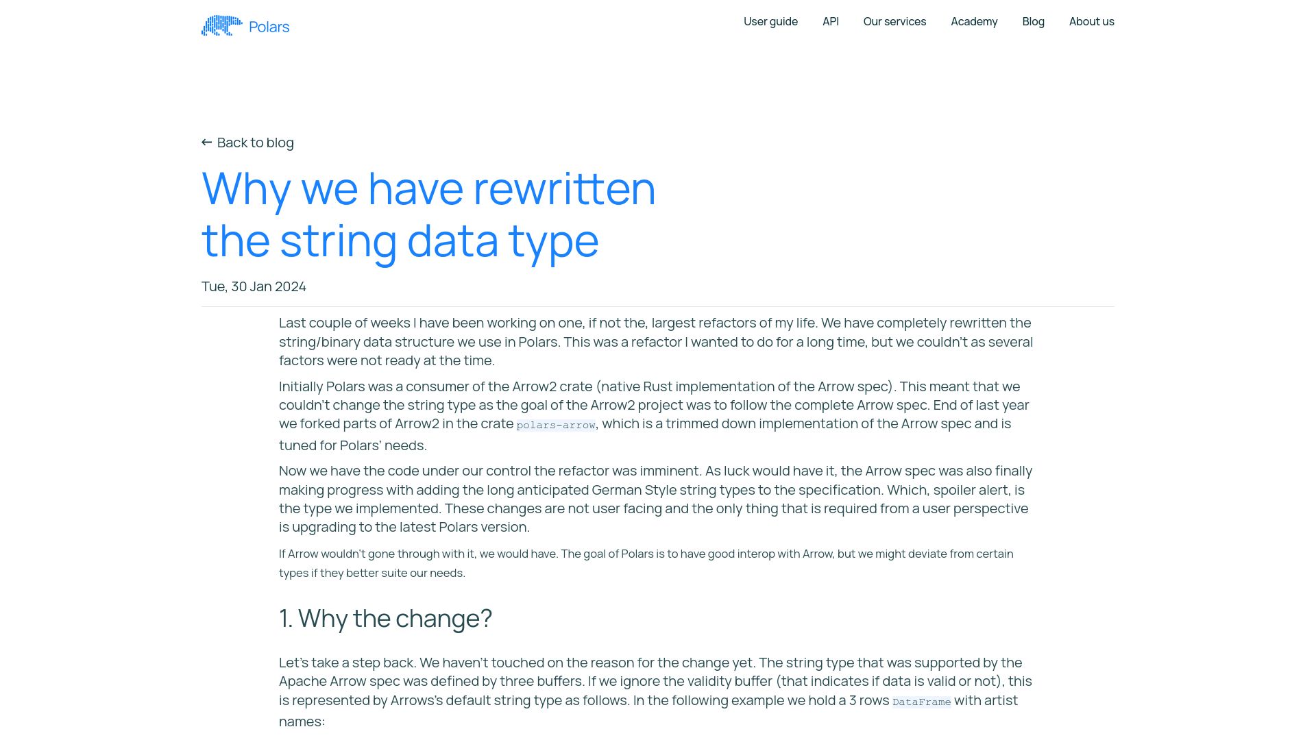 Screenshot of pola.rs: Why Polars rewrote its Arrow string data type