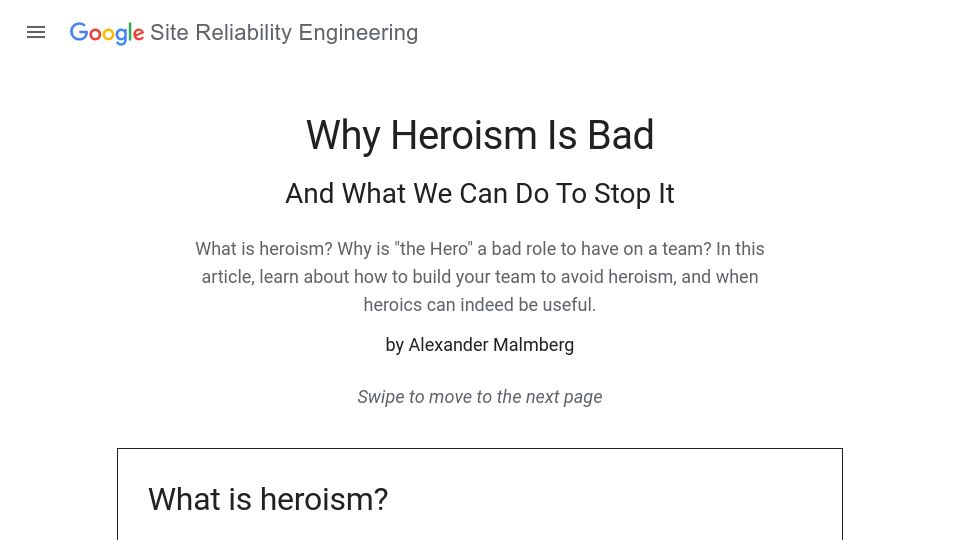 Screenshot of sre.google: Why Heroism Is Bad and What We Can Do to Stop It