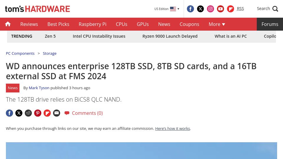 Screenshot of tomshardware.com: WD announces enterprise 128TB SSD