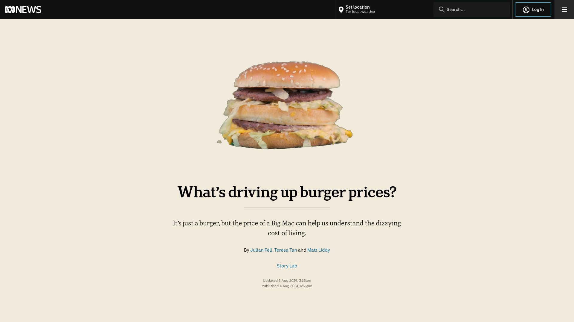 Screenshot of abc.net.au: Big Macs and the Cost of Living Crisis