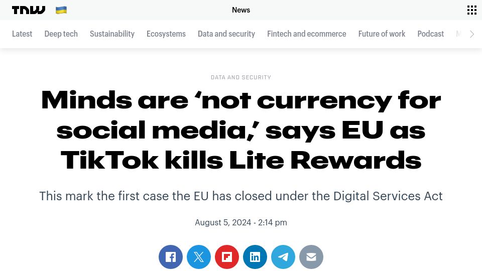 Screenshot of thenextweb.com: Minds are 'not currency for social media,' says EU as TikTok kills Lite Rewards