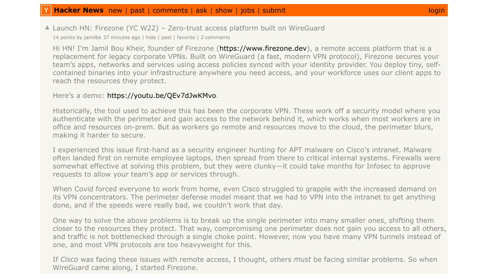 Screenshot of Hacker News post: Launch HN: Firezone (YC W22) – Zero-trust access platform built on WireGuard