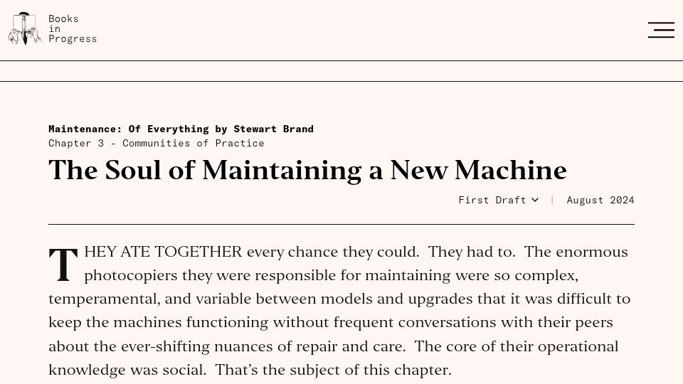 Screenshot of books.worksinprogress.co: The Soul of Maintaining a New Machine