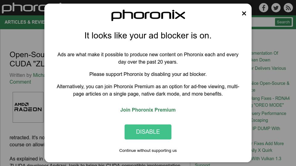 Screenshot of phoronix.com: Open-Source AMD GPU Implementation of CUDA "Zluda" Has Been Taken Down