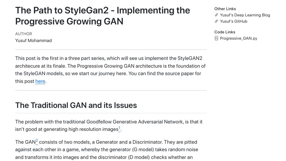 Screenshot of ym2132.github.io: The Path to StyleGan2 – Implementing the Progressive Growing GAN