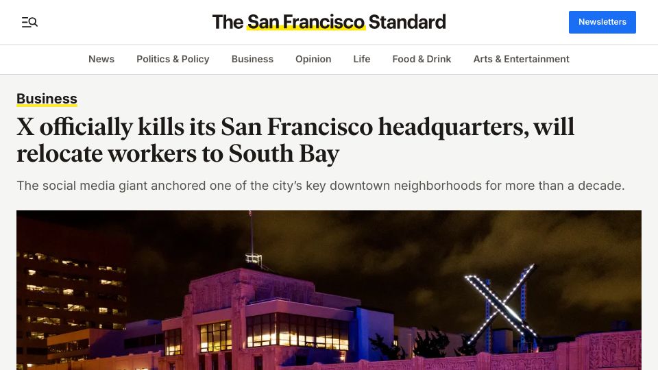 Screenshot of sfstandard.com: Twitter kills its San Francisco headquarters, will relocate to South Bay