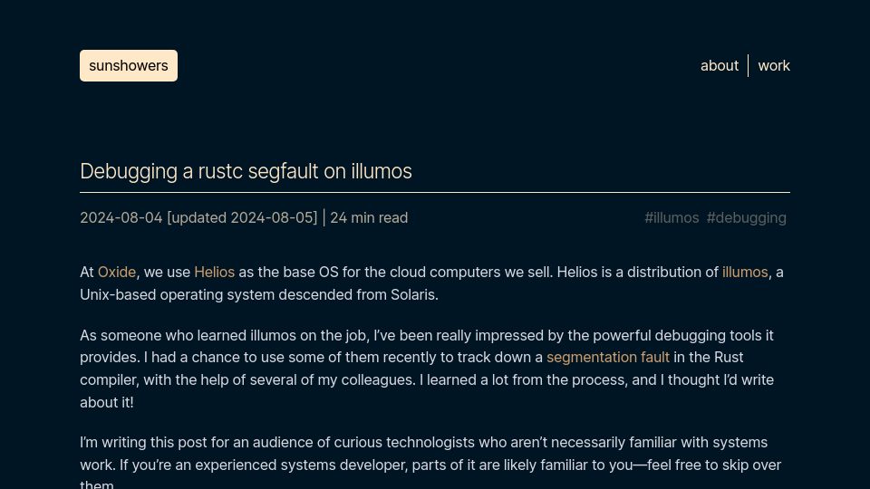 Screenshot of sunshowers.io: Debugging a rustc segfault on Illumos