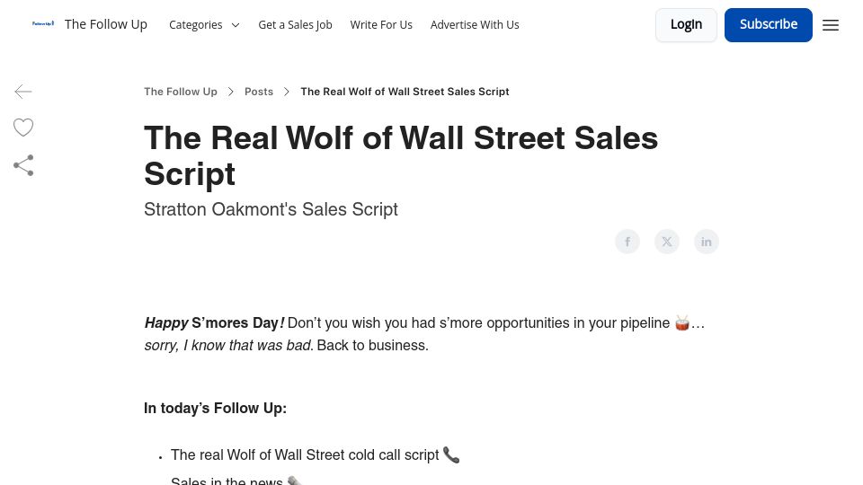 Screenshot of jointhefollowup.com: The real "Wolf of Wall Street" sales script
