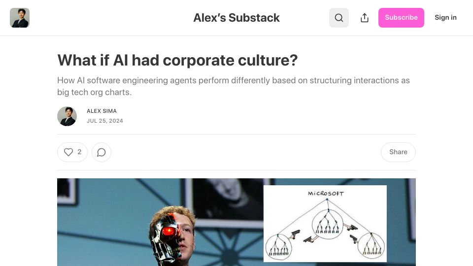 Screenshot of alexsima.substack.com: AI agents but they're working in big tech