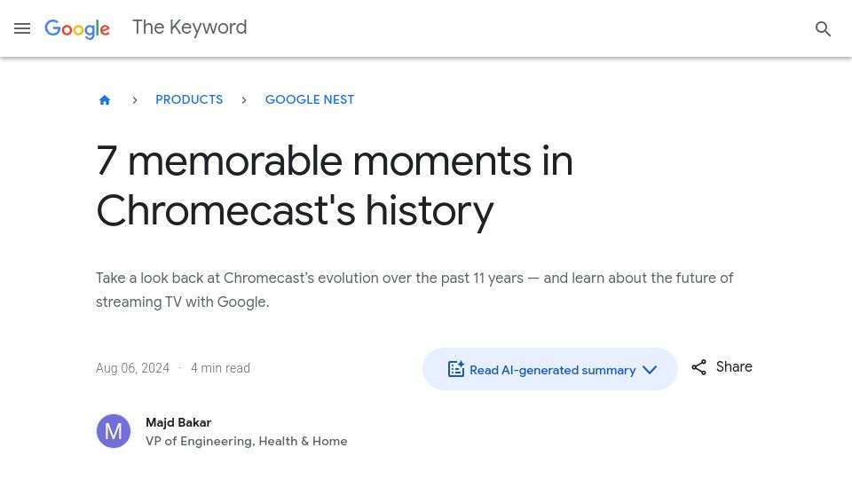 Screenshot of blog.google: Ending production of Chromecast