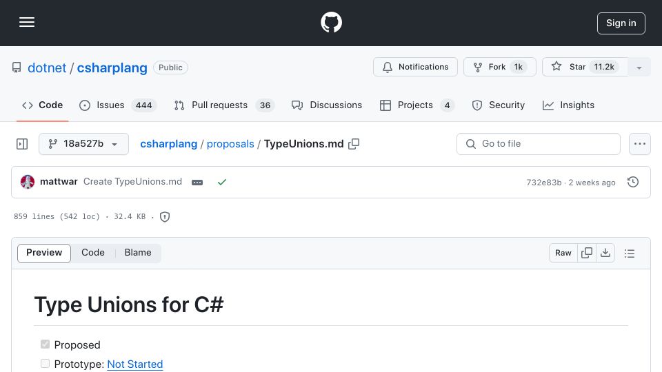 Screenshot of github.com: Official proposal for Type Unions in C#