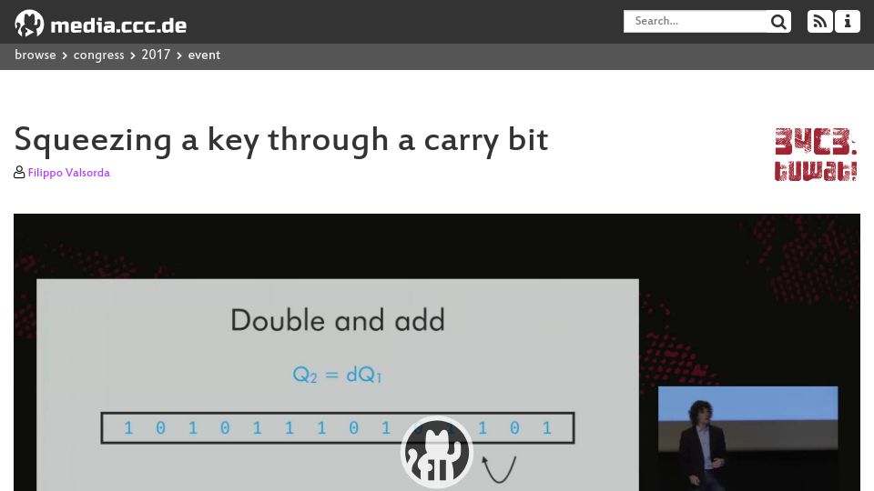 Screenshot of media.ccc.de: Squeezing a key through a carry bit (2017) [video]