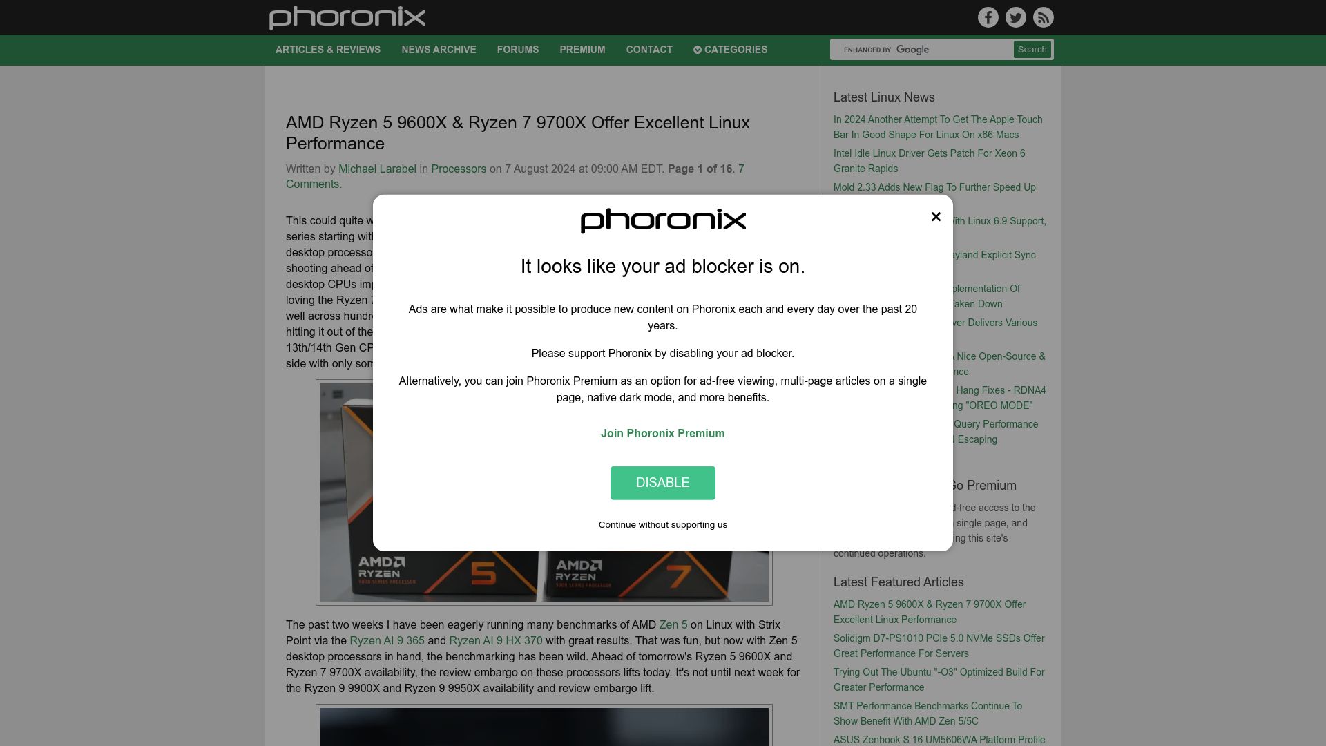 Screenshot of phoronix.com: AMD Ryzen 5 9600X and Ryzen 7 9700X Offer Excellent Linux Performance