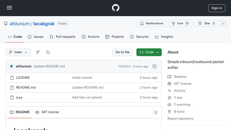 Screenshot of github.com: Show HN: Lacakgrak – Simple inbound/outbound packet sniffer