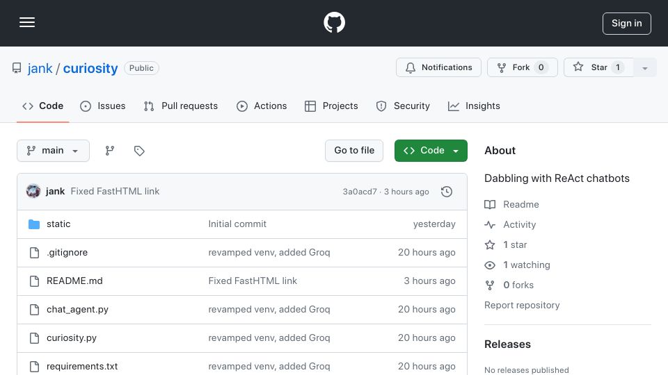 Screenshot of github.com: Basic ReAct webapp using FastHTML and LangGraph