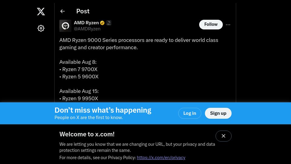 Screenshot of twitter.com: AMD Ryzen 9000 Series processors are ready to deliver world class gaming