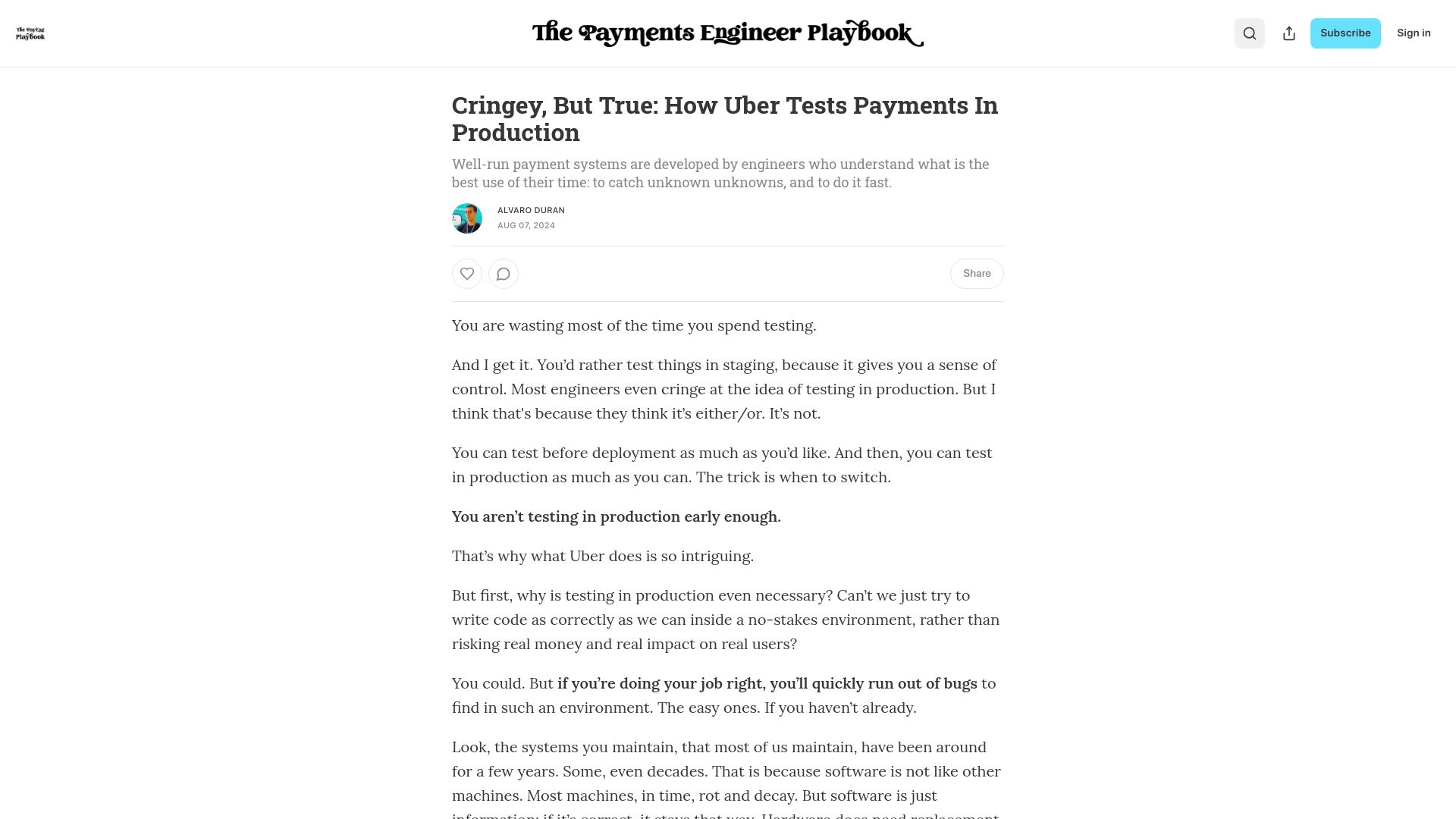 Screenshot of news.alvaroduran.com: How Uber tests payments in production