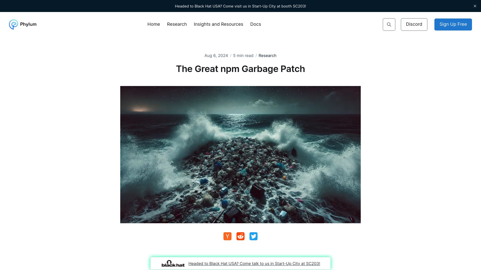Screenshot of blog.phylum.io: 70% of new NPM packages in last 6 months were spam