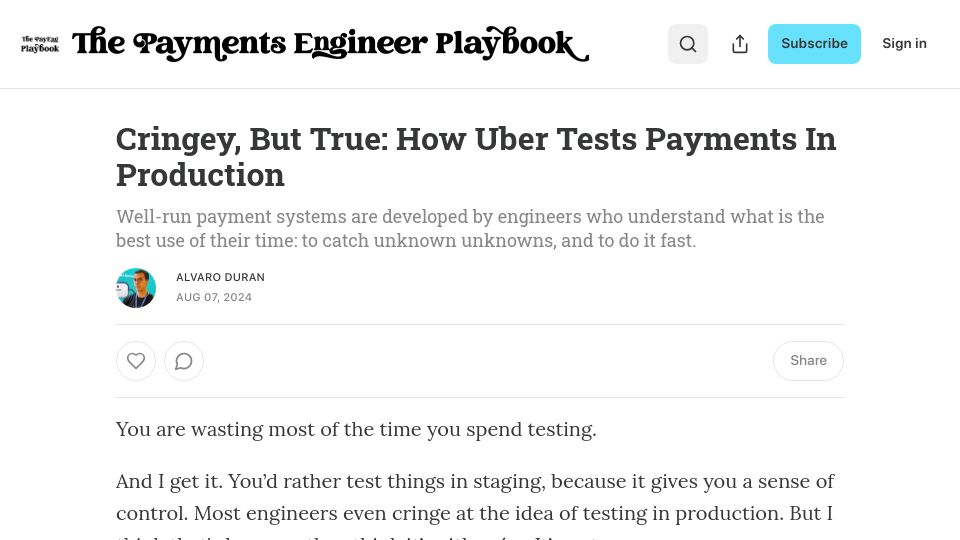 Screenshot of news.alvaroduran.com: How Uber tests payments in production